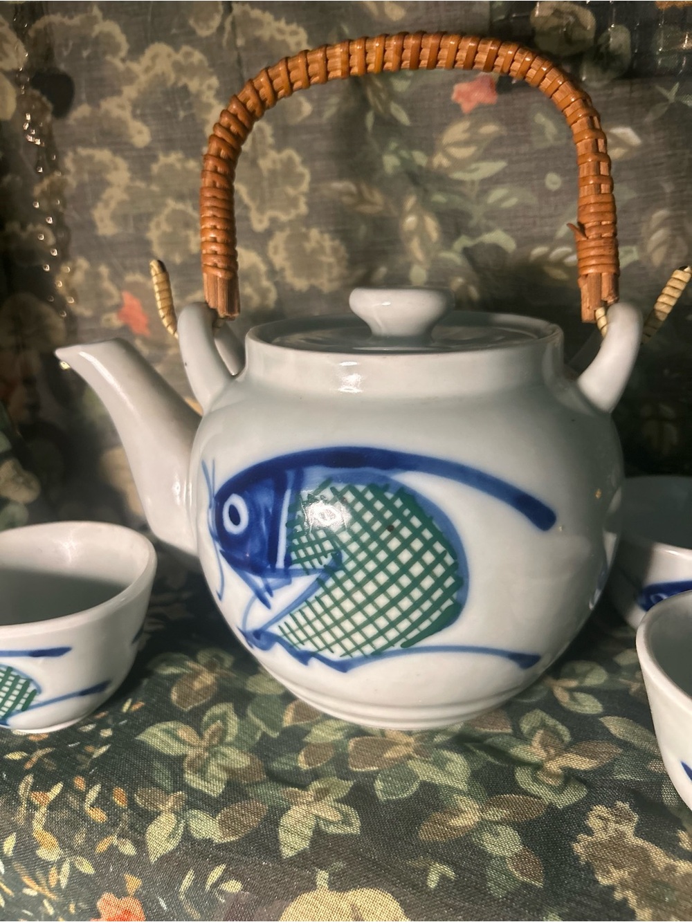 Ceramic Fish Teapot Set in White and Blue with Green Accents